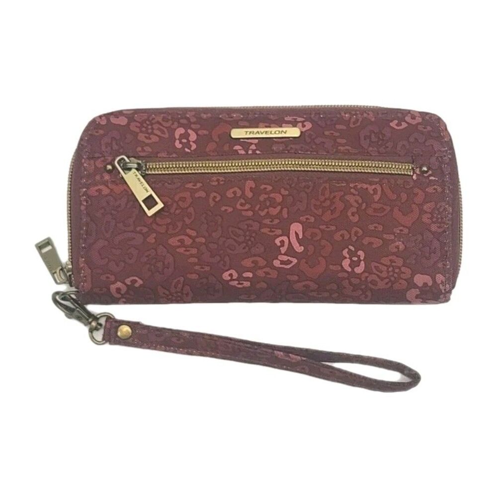 Travelon Wallet Wristlet Burgundy Floral Nylon 7.5"x4" Card Organizer Coin Zip - Picture 1 of 12